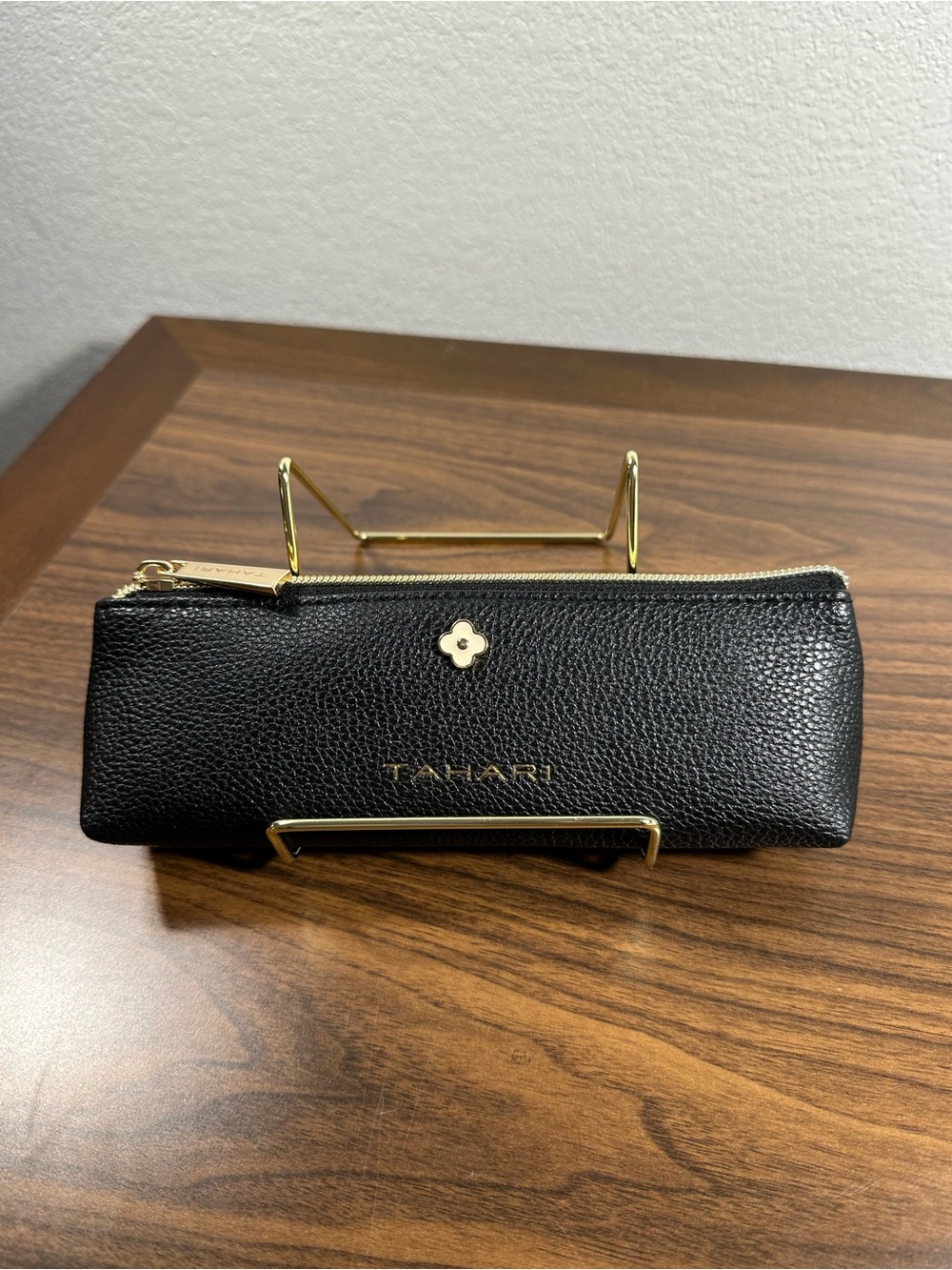 Tahari Black Textured Pouch with Gold Accents